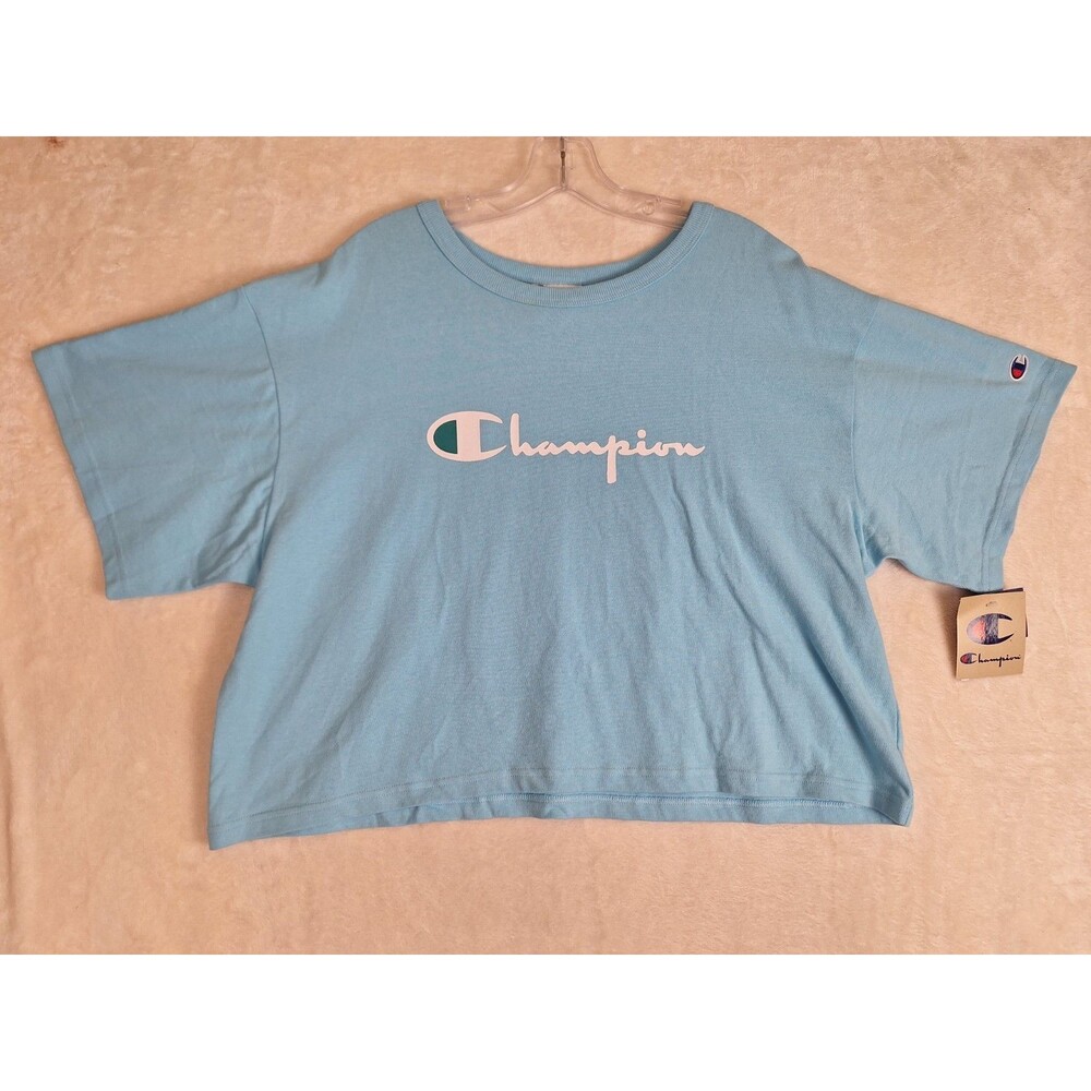 Women's XL Champion Crop Top Logo 100% Cotton Reverse Weave Boxy Blue Comfy